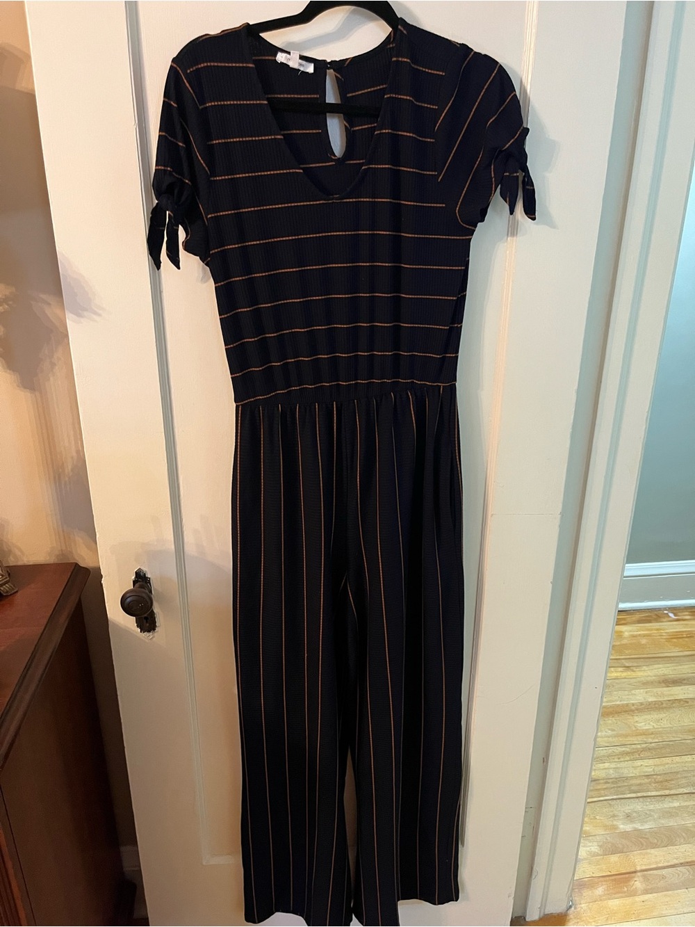 Maurices Black Jumpsuit with Tan Pinstripes